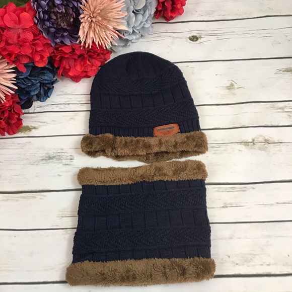 Navy Blue Cable Knit Beanie & Ring Scarf w/ Fleece - Picture 4 of 10